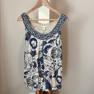 Anthropologie Blue Cream Graphic Embellished Tank Top